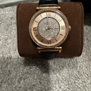 Michael Kors Rose Gold Crystal Dial Watch with Black Strap